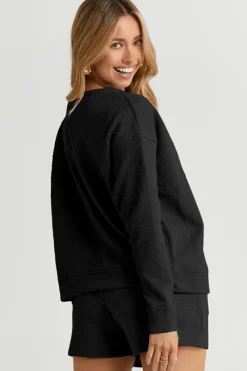 New Dear-Lover Textured Long Sleeve Top and Drawstring Shorts Set Black