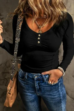 Online Dear-Lover Textured Long Sleeve Slim Henley Top Black