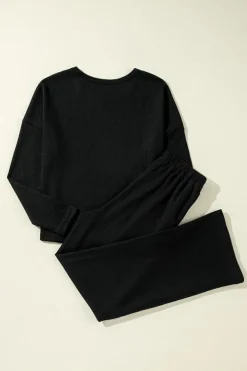 New Dear-Lover Textured Long Sleeve T Shirt and Pants Lounge Set Black