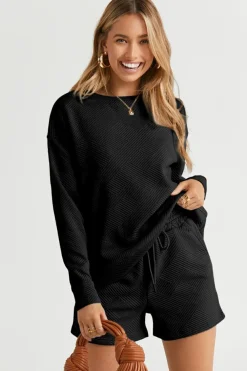 New Dear-Lover Textured Long Sleeve Top and Drawstring Shorts Set Black