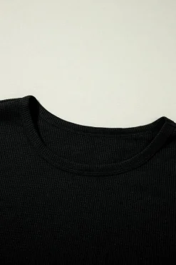 New Dear-Lover Textured Long Sleeve T Shirt and Pants Lounge Set Black