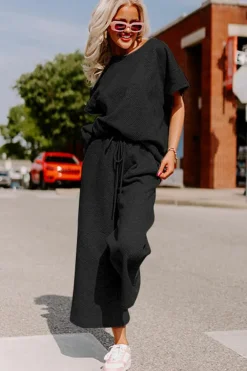 Clearance Dear-Lover Textured Loose Fit T Shirt and Drawstring Pants Set Black