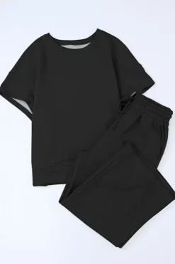 Clearance Dear-Lover Textured Loose Fit T Shirt and Drawstring Pants Set Black
