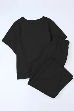 Clearance Dear-Lover Textured Loose Fit T Shirt and Drawstring Pants Set Black