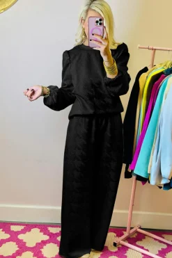 Clearance Dear-Lover Textured Puff Sleeve Top and Pants Set Black