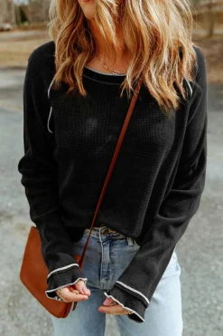 Online Dear-Lover Textured Round Neck Long Sleeve Top Black
