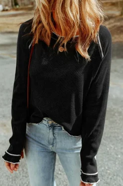 Online Dear-Lover Textured Round Neck Long Sleeve Top Black