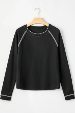 Online Dear-Lover Textured Round Neck Long Sleeve Top Black