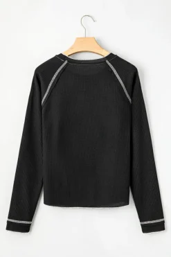 Online Dear-Lover Textured Round Neck Long Sleeve Top Black