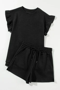 Outlet Dear-Lover Textured Ruffle Split Top and Drawstring Shorts Black