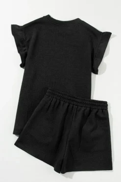 Outlet Dear-Lover Textured Ruffle Split Top and Drawstring Shorts Black