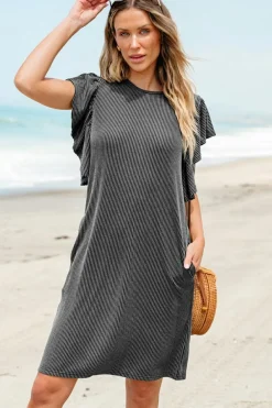 Outlet Dear-Lover Textured Ruffled Flutter Sleeve Mini Dress Black