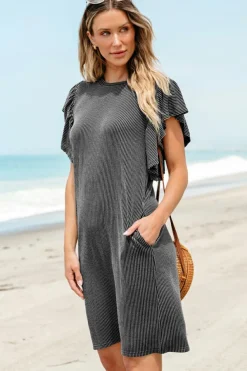 Outlet Dear-Lover Textured Ruffled Flutter Sleeve Mini Dress Black