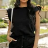 Discount Dear-Lover Textured Ruffled Sleeve Tee and Drawstring Shorts Set Black