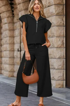 Online Dear-Lover Textured Ruffled Sleeve Zipped Top and Wide Leg Pants Set Black