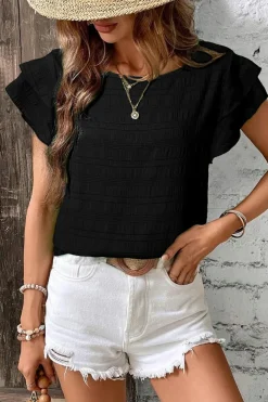 Fashion Dear-Lover Textured Ruffled Sleeve Round Neck Top Black