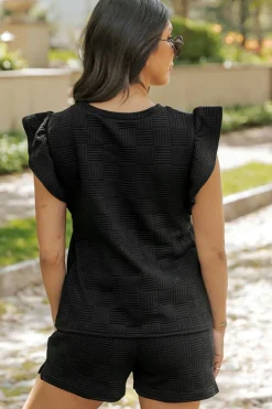 Discount Dear-Lover Textured Ruffled Sleeve Tee and Drawstring Shorts Set Black