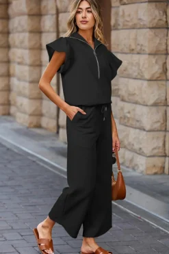 Online Dear-Lover Textured Ruffled Sleeve Zipped Top and Wide Leg Pants Set Black
