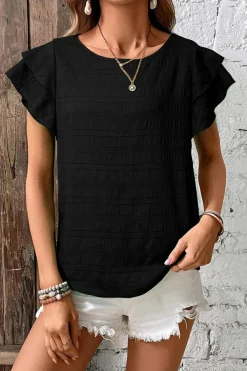 Fashion Dear-Lover Textured Ruffled Sleeve Round Neck Top Black