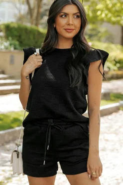 Discount Dear-Lover Textured Ruffled Sleeve Tee and Drawstring Shorts Set Black