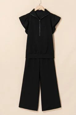 Online Dear-Lover Textured Ruffled Sleeve Zipped Top and Wide Leg Pants Set Black