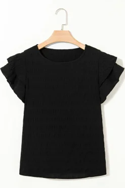 Fashion Dear-Lover Textured Ruffled Sleeve Round Neck Top Black
