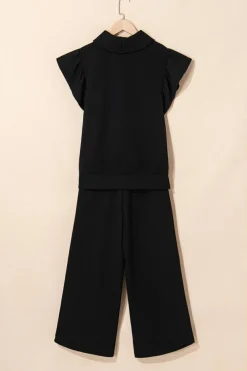 Online Dear-Lover Textured Ruffled Sleeve Zipped Top and Wide Leg Pants Set Black