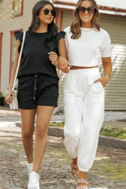 Discount Dear-Lover Textured Ruffled Sleeve Tee and Drawstring Shorts Set Black