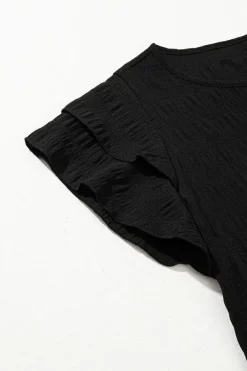 Fashion Dear-Lover Textured Ruffled Sleeve Round Neck Top Black