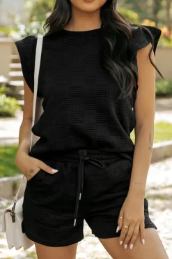Discount Dear-Lover Textured Ruffled Sleeve Tee and Drawstring Shorts Set Black