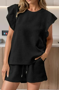 Discount Dear-Lover Textured Ruffled Sleeve Tee and Drawstring Shorts Set Black