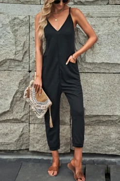Outlet Dear-Lover Textured Sleeveless V-Neck Pocketed Casual Jumpsuit Black