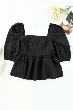 Clearance Dear-Lover Textured Square Neck Puff Sleeve Peplum Blouse Black