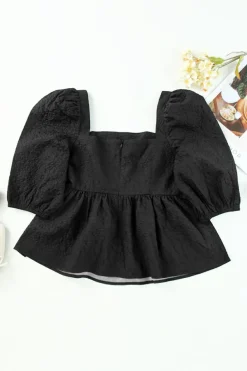 Clearance Dear-Lover Textured Square Neck Puff Sleeve Peplum Blouse Black