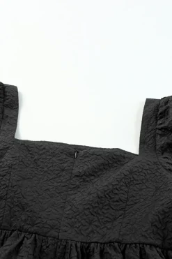 Clearance Dear-Lover Textured Square Neck Puff Sleeve Peplum Blouse Black