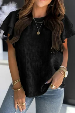 New Dear-Lover Textured Tiered Ruffled Short Sleeve Blouse Black