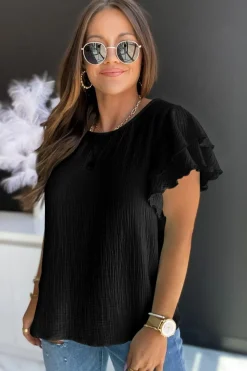 New Dear-Lover Textured Tiered Ruffled Short Sleeve Blouse Black
