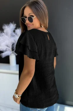 New Dear-Lover Textured Tiered Ruffled Short Sleeve Blouse Black