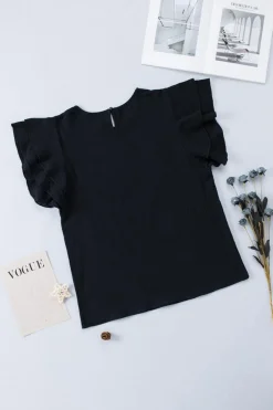 New Dear-Lover Textured Tiered Ruffled Short Sleeve Blouse Black