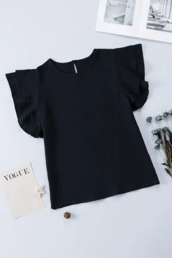New Dear-Lover Textured Tiered Ruffled Short Sleeve Blouse Black
