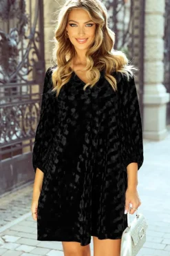 Clearance Dear-Lover Textured V Neck Balloon Sleeve Velvet Mini Dress Black