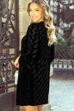 Clearance Dear-Lover Textured V Neck Balloon Sleeve Velvet Mini Dress Black