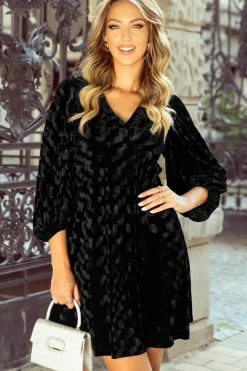 Clearance Dear-Lover Textured V Neck Balloon Sleeve Velvet Mini Dress Black