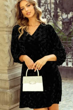 Clearance Dear-Lover Textured V Neck Balloon Sleeve Velvet Mini Dress Black