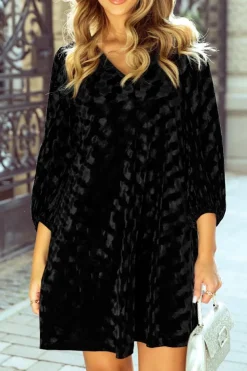 Clearance Dear-Lover Textured V Neck Balloon Sleeve Velvet Mini Dress Black