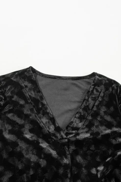 Clearance Dear-Lover Textured V Neck Balloon Sleeve Velvet Mini Dress Black