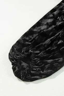 Clearance Dear-Lover Textured V Neck Balloon Sleeve Velvet Mini Dress Black