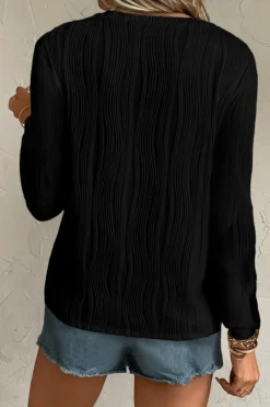 Hot Dear-Lover Textured Wavy Round Neck Long Sleeve Top Black