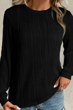 Hot Dear-Lover Textured Wavy Round Neck Long Sleeve Top Black