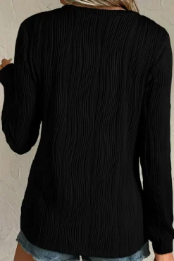 Hot Dear-Lover Textured Wavy Round Neck Long Sleeve Top Black